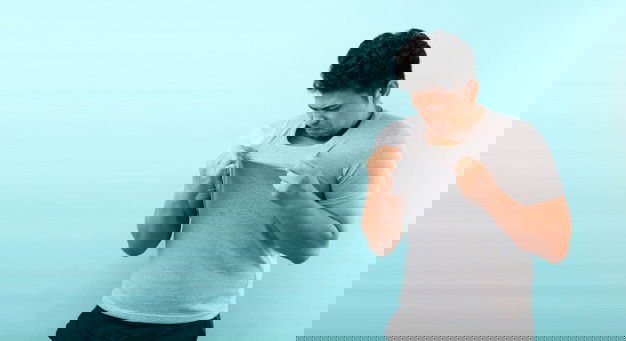 Asia Man Sweating Excessively Smelling Bad Isolated Blue Wall 63176 865