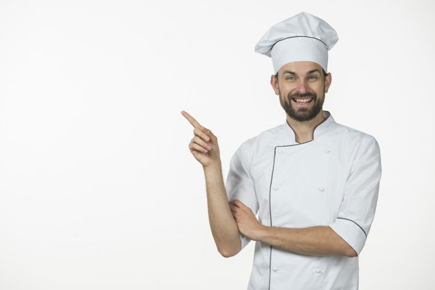 Happy Male Chef Pointing His Finger Something Isolated White Background 23 2147863832