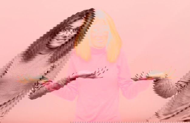 Young Pretty Woman Feeling Clueless Confused Sure Which Choice Option Pick Wondering Against Pink Background 1194 52206