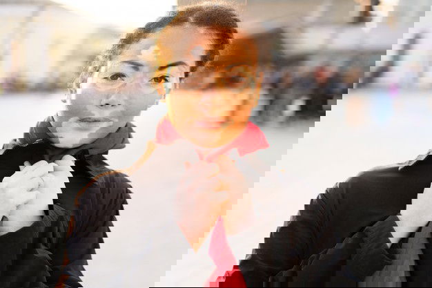 Beautiful Young Girl African Ethnicity With Vitiligo Standing Warm Spring City Street Dressed Black Coat 91014 403 1