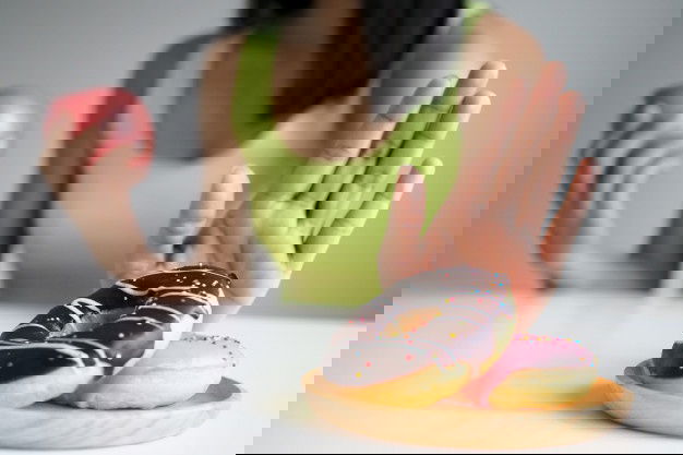 Women Push Donut Plate That Is Mixture Trans Fat Choose Hold Apple Eat Junk Food Diet Concept 112699 176