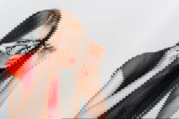 Curious Woman Wearing Glasses Staring With Copy Space 23 2148221740