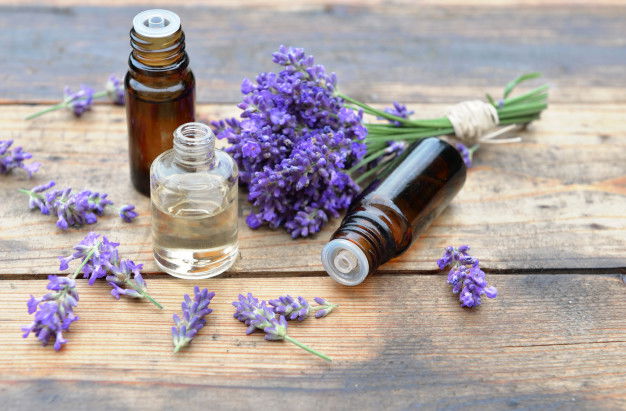 Bottles Essential Oil With One Spilled Wooden Background Bouquet Lavender Flowers 100787 2818
