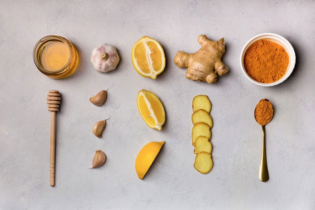 Folk Remedies Ginger Garlic Turmeric Honey Lemon Ingridients Making Drinks Top View 155390 19