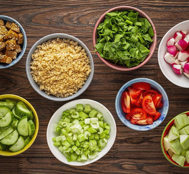 Ingredients Healthy Nutrition Colorful Bowls Wooden Table Quinoa Raw Vegetables Fried Tofu 147376 767