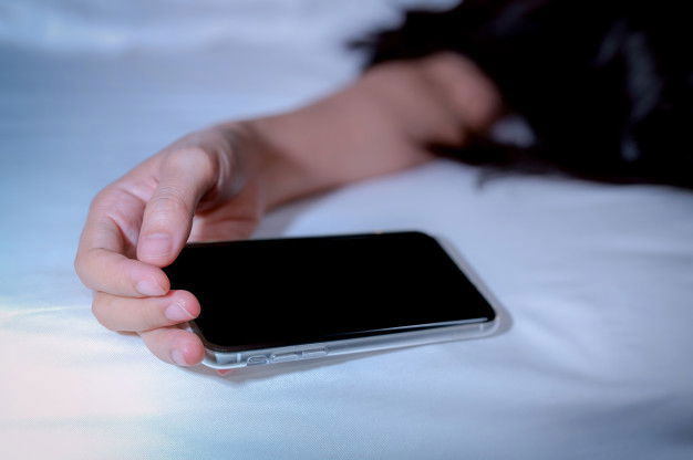 Asian Woman Sleeping Bed Home Hand Holding Mobile Phone Woman Using Smartphone Bedroom 33867 693