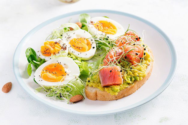 Breakfast Healthy Open Sandwich Toast With Avocado Salmon Boiled Eggs Herbs Chia Seeds White Plate With Copy Space Healthy Protein Food 2829 20256