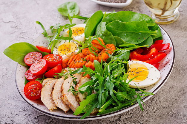 Plate With Keto Diet Food Cherry Tomatoes Chicken Breast Eggs Carrot Salad With Arugula Spinach Keto Lunch 2829 16953 1