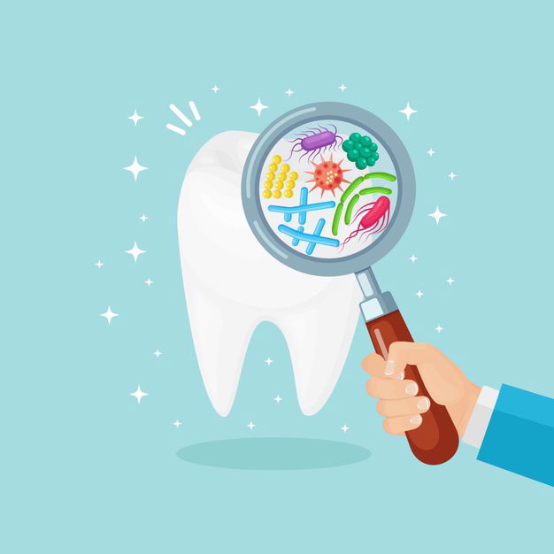 Dentist With Magnifying Glass Examines Teeth Tooth With Bacteria Infection Oral Hygiene Concept 284092 1839