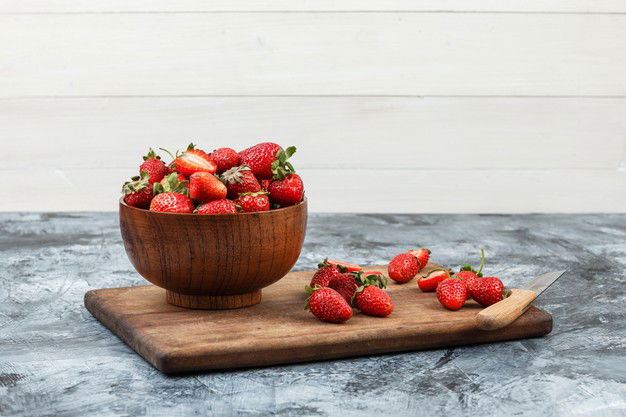 Can I Add Strawberries To My Baby'S Diet? Recipes To Make Strawberry Jam And Puree At Home! 4 Bowl Strawberries Knife Wooden Cutting Board Dark Blue Marble White Wooden Board Background Close Up Free Space Your Text 176474 29876