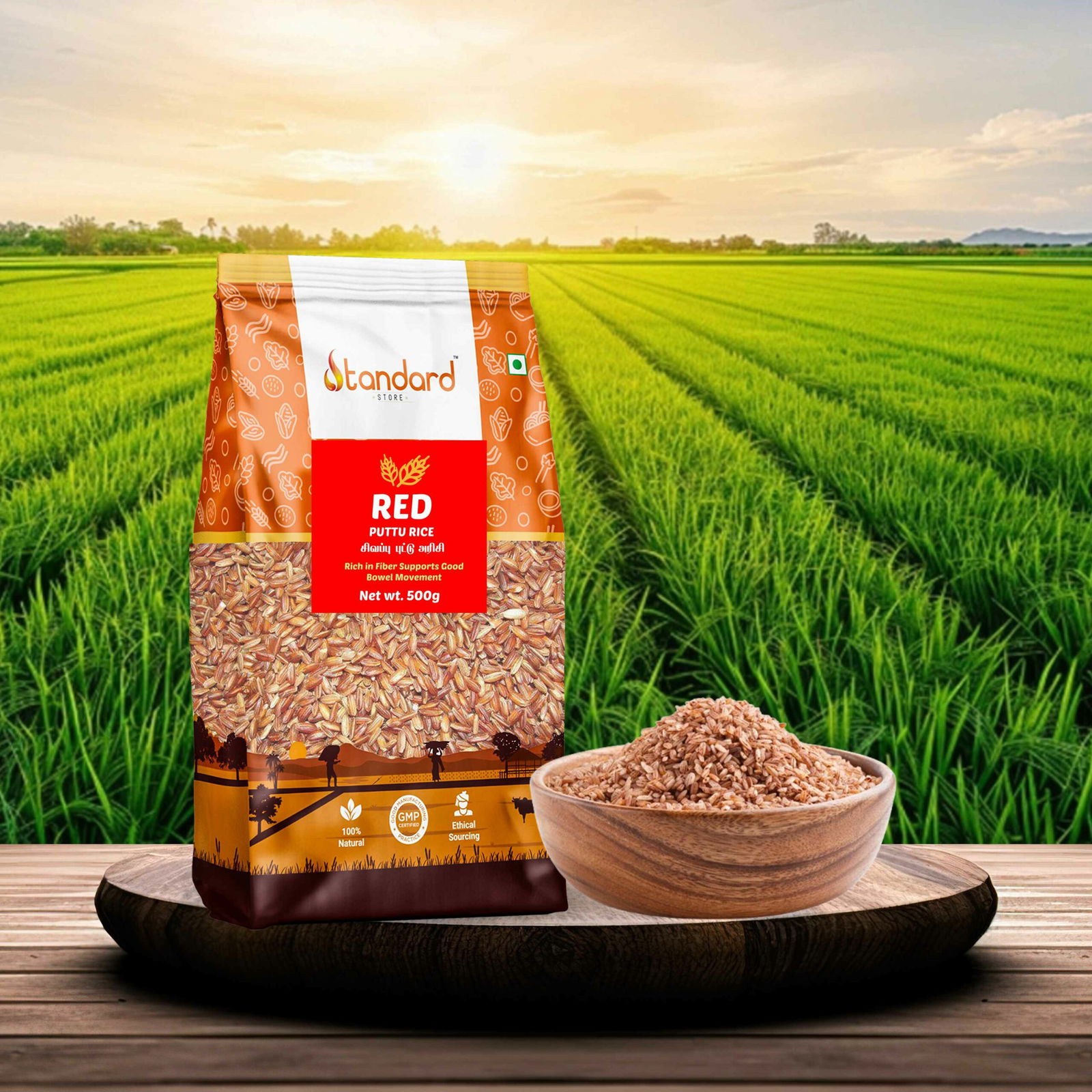 Wholesome Red Puttu Rice, ideal for balanced diets, known for its earthy flavor and vibrant color in steamed puttu