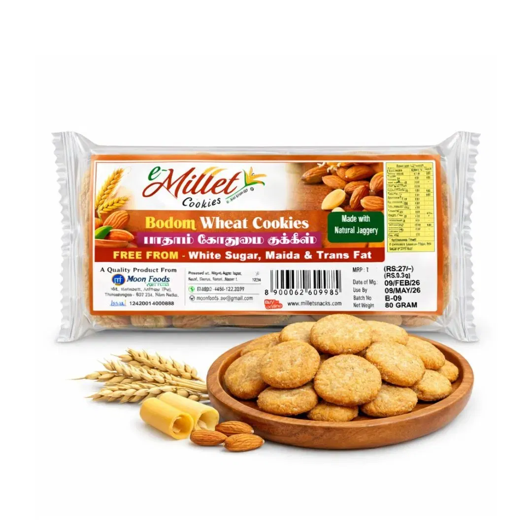 eMillet bodom wheat cookies made with natural jaggery – healthy snack without white sugar and maida.