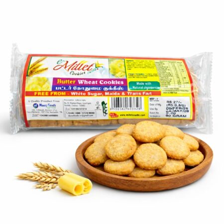 Butter wheat jaggery cookies pack with round biscuits in wooden bowl on white background, healthy no maida snack