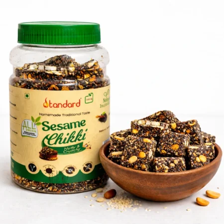 Standard Sesame Chikki jar with crunchy sesame seed and peanut chikki cubes in wooden bowl healthy traditional jaggery snack