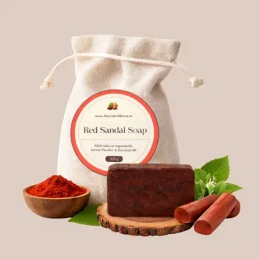 Red Sandal Soap 100g with natural sandalwood powder, coconut oil and herbal ingredients in eco-friendly pouch packaging