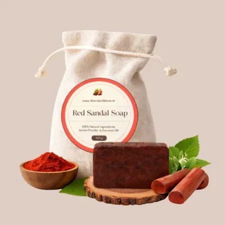 Red Sandal Soap 100g with natural sandalwood powder, coconut oil and herbal ingredients in eco-friendly pouch packaging