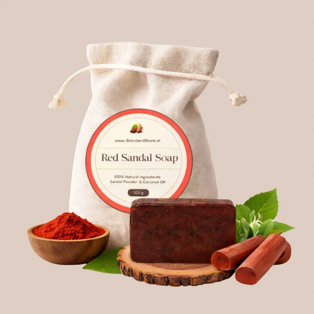 Red Sandal Soap 100g with natural sandalwood powder, coconut oil and herbal ingredients in eco-friendly pouch packaging