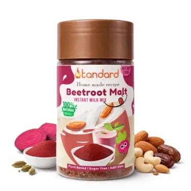 Standard Beetroot Malt Instant Milk Mix – 100% natural plant-based health drink powder made with beetroot, almonds, cashews, and dates.
