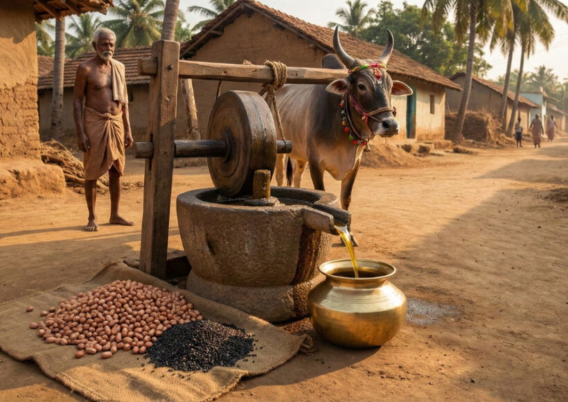 Traditional Chekku Method Of Cold Pressed Oil Extraction In A Tamil Nadu Village Using Bull-Driven Wooden Press