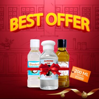 Natural Skincare Trio Pack Cold Pressed Almond Oil (60ml), Coconut Oil (200ml), and Castor Oil (200ml) for healthy hair and skin