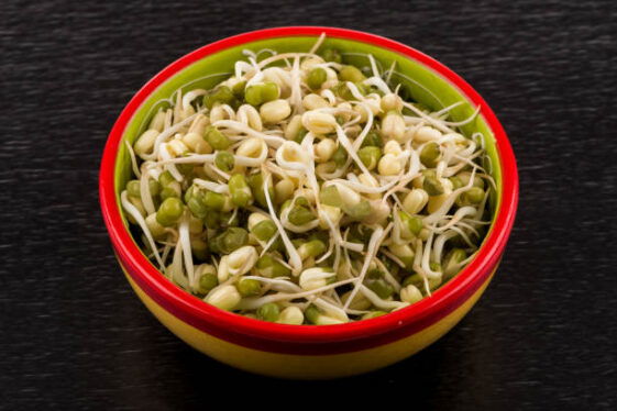 Amazing Moong Dal Or Yellow Dal Nutrition Value 3 Pea Seeds With Sprouts In Bowl Close Up Macro Shot Top View