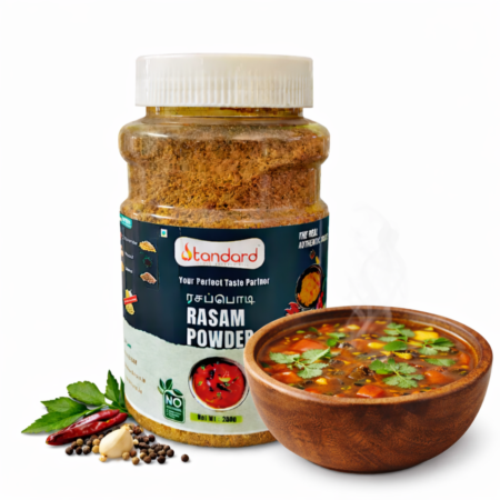 Standard Rasam Powder 200g jar with steaming South Indian rasam bowl and traditional spices