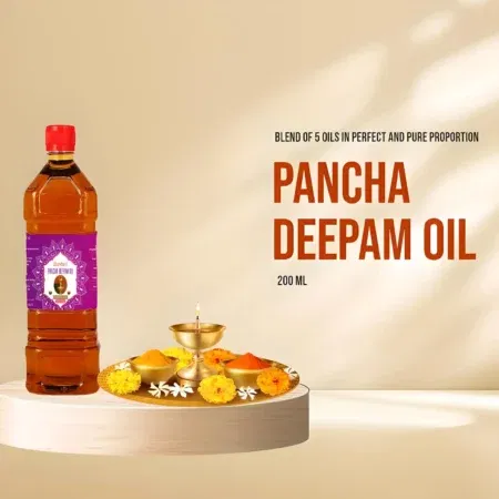 A bottle of Pancha Deepam lamp oil, ideal for religious rituals and daily prayers. The vibrant label shows brand and ingredients. Sealed for freshness, with an easy-pour spout, this blend of 5 oils is made for lighting lamps at home altars and temples, symbolizing purity.