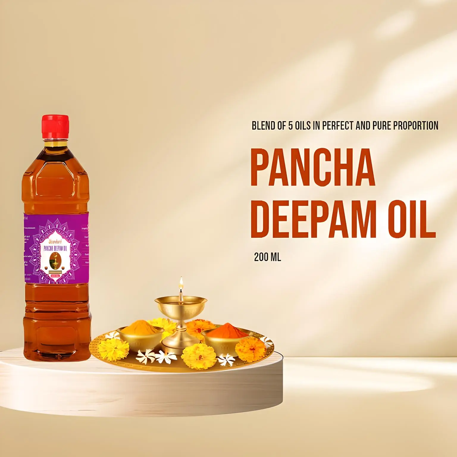 A Bottle Of Pancha Deepam Lamp Oil, Ideal For Religious Rituals And Daily Prayers. The Vibrant Label Shows Brand And Ingredients. Sealed For Freshness, With An Easy-Pour Spout, This Blend Of 5 Oils Is Made For Lighting Lamps At Home Altars And Temples, Symbolizing Purity.