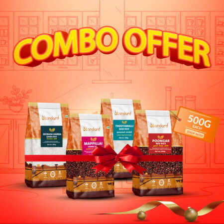 Diet-Friendly Rice Combo Pack Seeraga Samba Rice Thooyamalli Raw Rice Poongar Red Rice Mappillai Samba Rice (Each 500g)