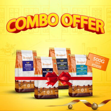 Low Glycemic Index Rice Combo Pack with Kattuyanam, Karunkuruvai, Ponni Hand Pounded, and Kullakar Rice (500g each). Perfect for healthy diets and traditional cooking
