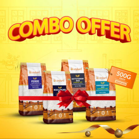 Low Glycemic Index Rice Combo Pack with Kattuyanam, Karunkuruvai, Ponni Hand Pounded, and Kullakar Rice (500g each). Perfect for healthy diets and traditional cooking