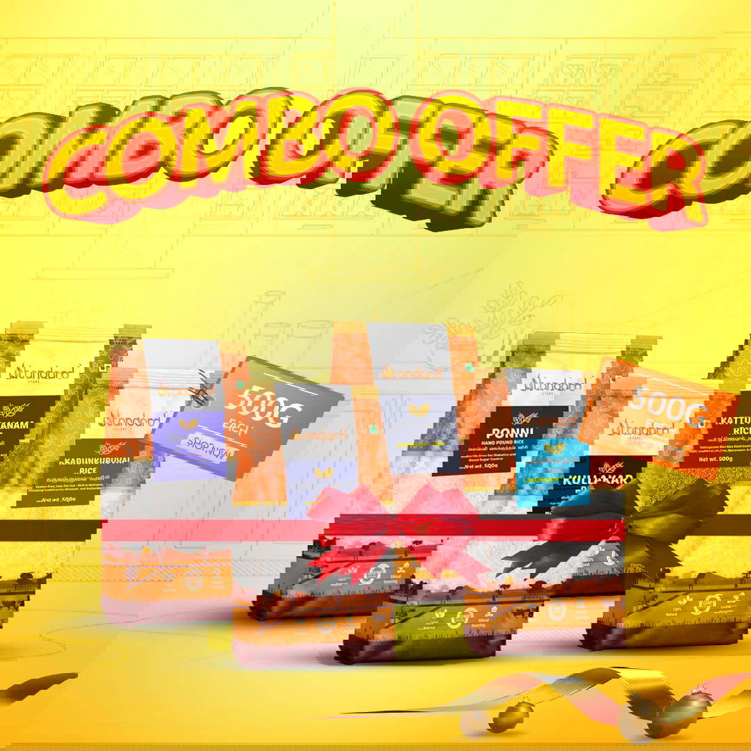 Low Glycemic Index Rice Combo Pack with Kattuyanam, Karunkuruvai, Ponni Hand Pounded, and Kullakar Rice (500g each). Perfect for healthy diets and traditional cooking