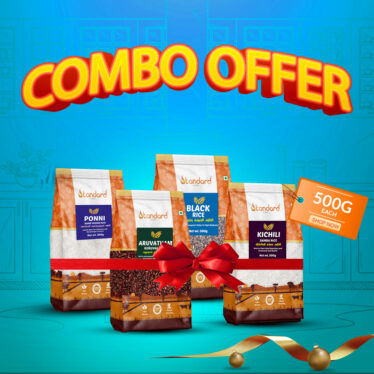 Weight Loss Rice Combo Pack featuring Black Rice (Karuppu Kavuni Rice), Ponni Raw Rice, Kichili Samba Rice, and Arubatham Kuruvai Rice (Each 500g). A nutritious selection for healthy eating and w