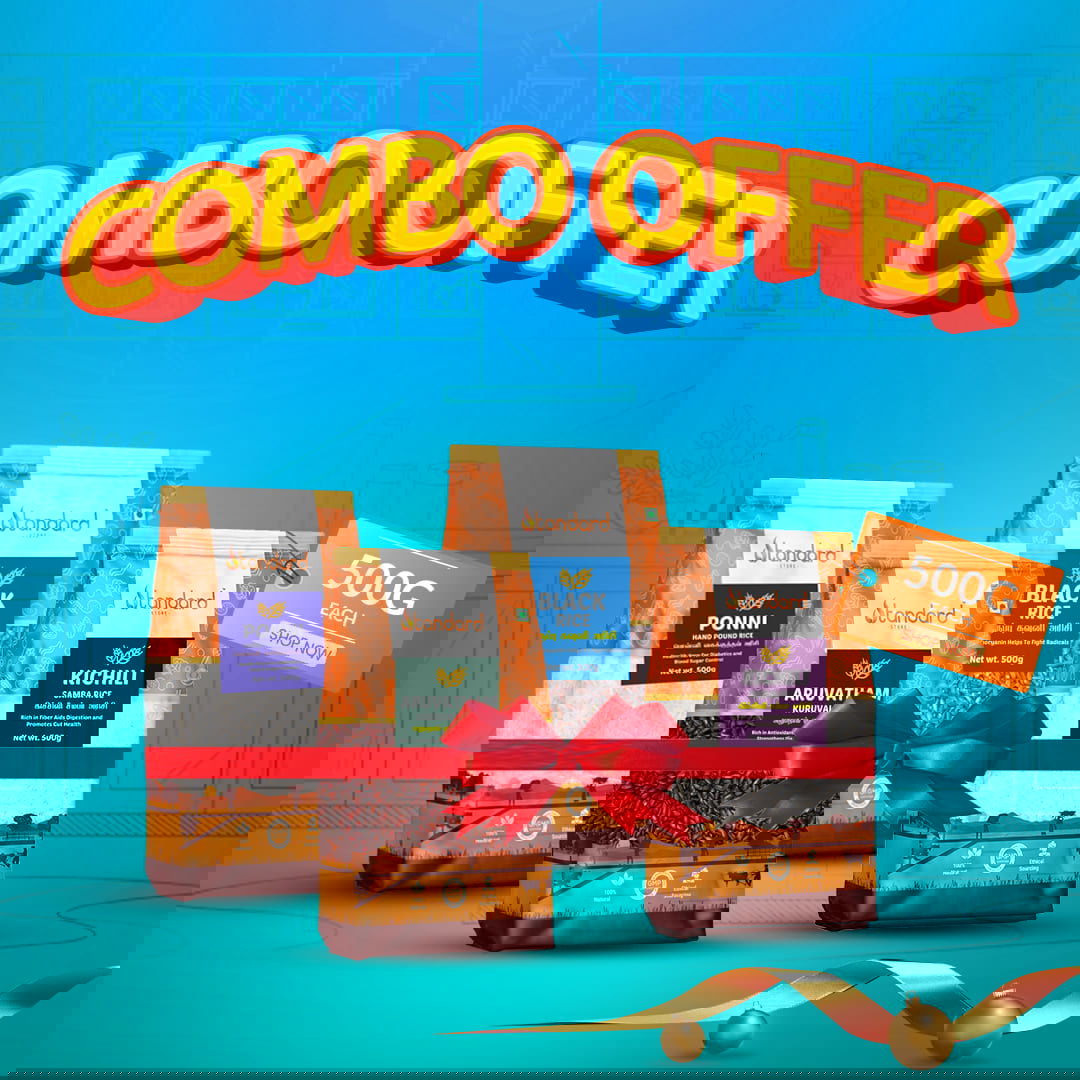 Weight Loss Rice Combo Pack featuring Black Rice (Karuppu Kavuni Rice), Ponni Raw Rice, Kichili Samba Rice, and Arubatham Kuruvai Rice (Each 500g). A nutritious selection for healthy eating and w