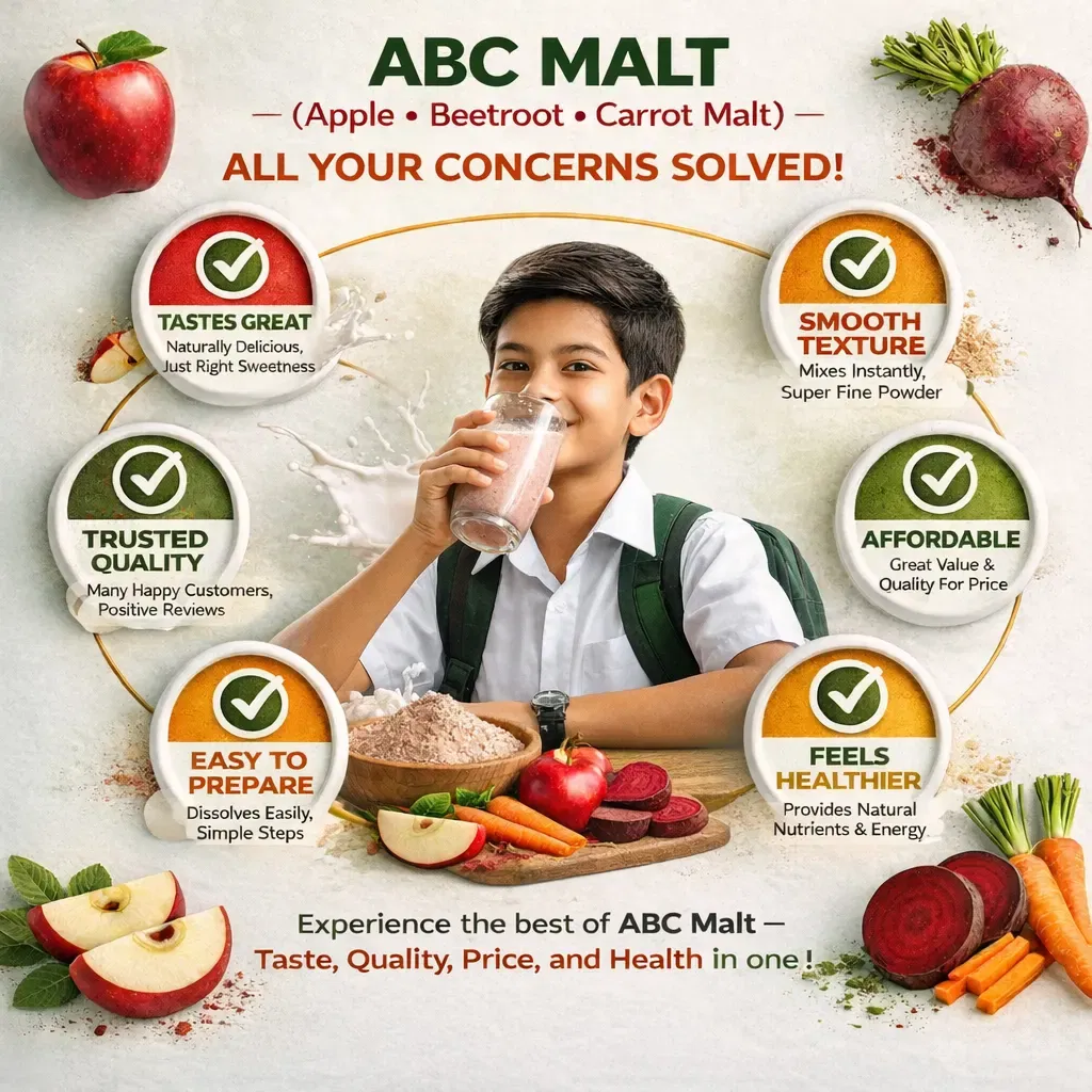 Abc Malt - Apple, Beetroot, Carrot Malt 200G 4 Abc Malt Apple Beetroot Carrot Malt Showing A School Boy Drinking The Malt With Highlights Of Great Taste, Smooth Texture, Easy Preparation, Trusted Quality, Affordability And Health Benefits