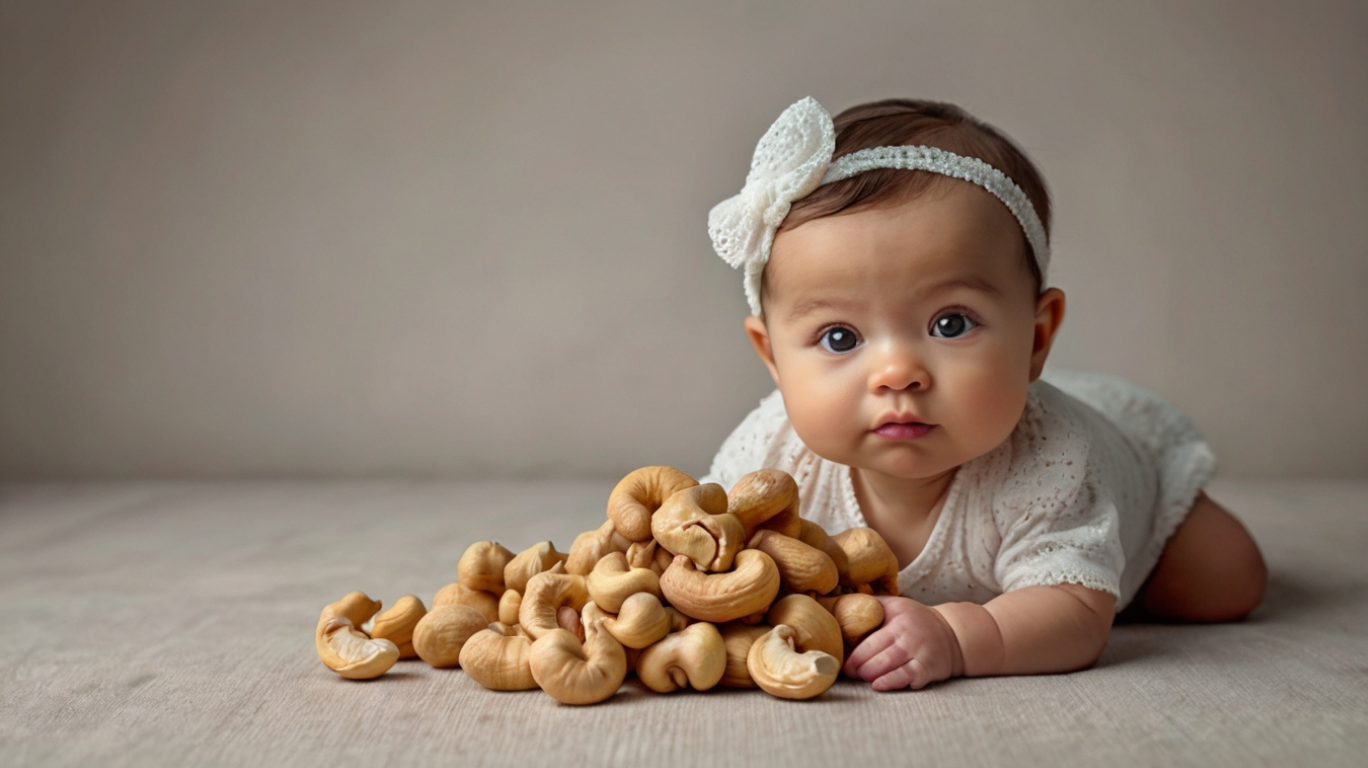 Cashews In A Wooden Bowl With A Few Scattered Around – A Nutritious Snack Rich In Healthy Fats And Essential Nutrients For Babies.