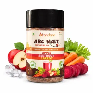 Standard ABC Malt instant milkwik made with apple, beetroot and carrot, shown in a jar with fresh fruits and vegetables