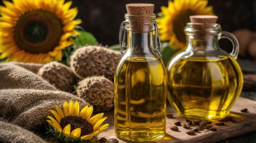 Cold Pressed Sunflower Oil Bottle With Golden Oil, Highlighting Its Benefits For Heart Health, Glowing Skin, And Healthy Cooking.