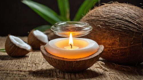 Coconut Oil Lamp Burning Brightly, Offering A Soothing And Eco-Friendly Light For Spiritual Practices