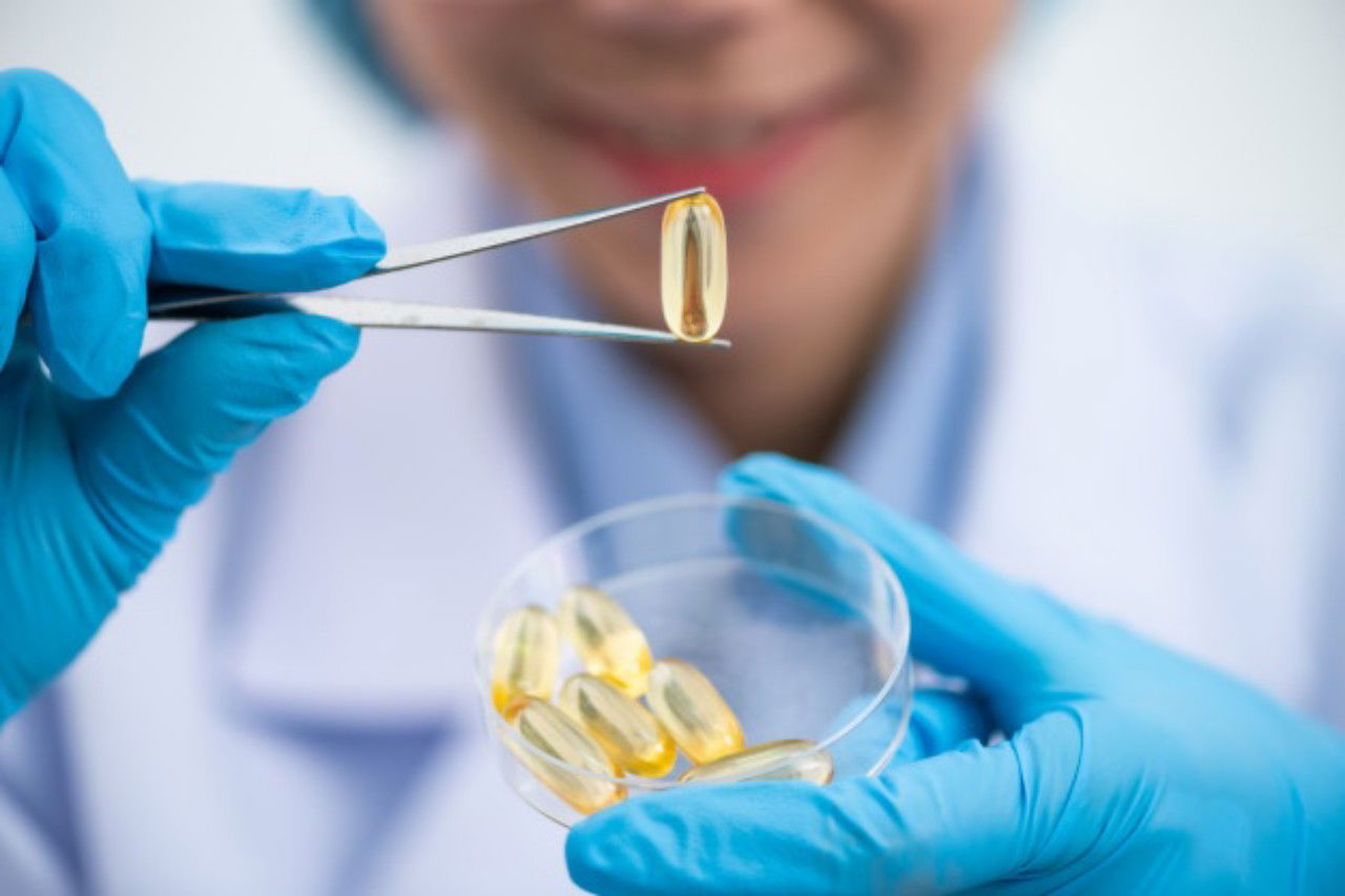 Fish Oil Capsules With Omega 3 Vitamin D Glass Bottle Wooden Texture 33755