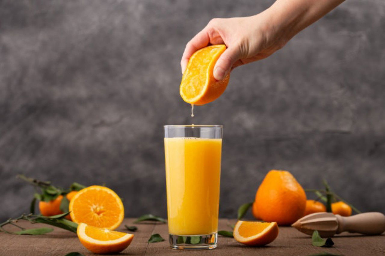 Glass Orange Juice Person Squeezing Orange It 181624
