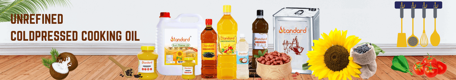 Buy Premium Unrefined Cold-Pressed Oils Online - Groundnut, Black Sesame, White Sesame, Sunflower, Coconut, Mustard Oil & Pure Cow Ghee. 100% Natural, Chemical-Free, and Healthy Cooking Oils for a Nutritious Lifestyle!