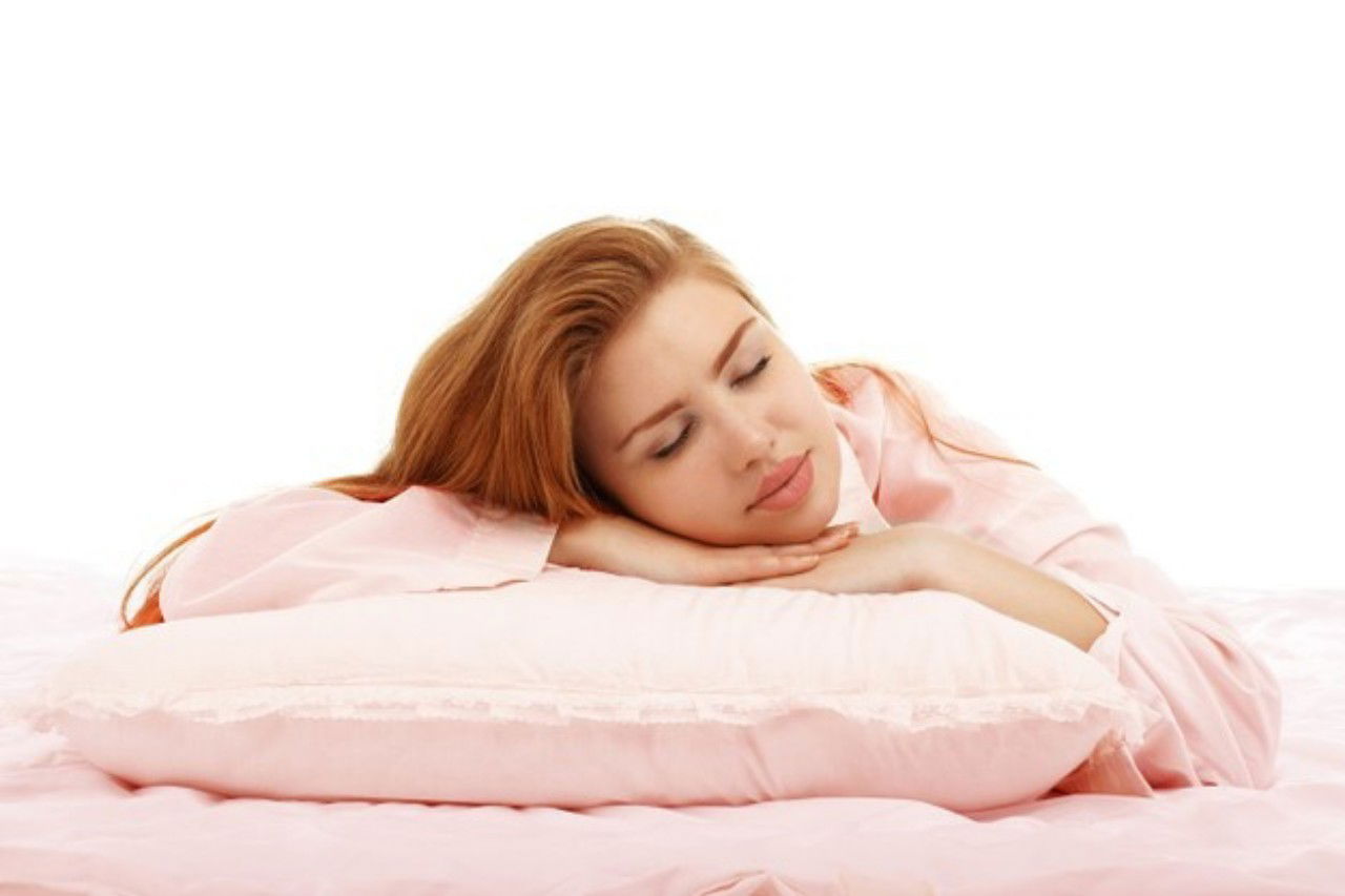 Young Beautiful Girl Sleeps Bed Hugging Pillow His Stomach 252591