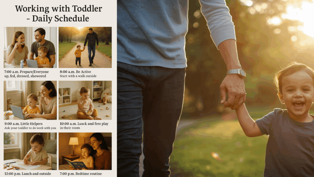 Working From Home With Kids Ages 10-13 15 A Cheerful Parent Working From Home With A Toddler Nearby, Showing Daily Activities Like Morning Prep, Outdoor Walk, Snack Time, Creative Play, And Bedtime Reading — A Warm, Family-Oriented Daily Schedule For Parents Balancing Work And Childcare.