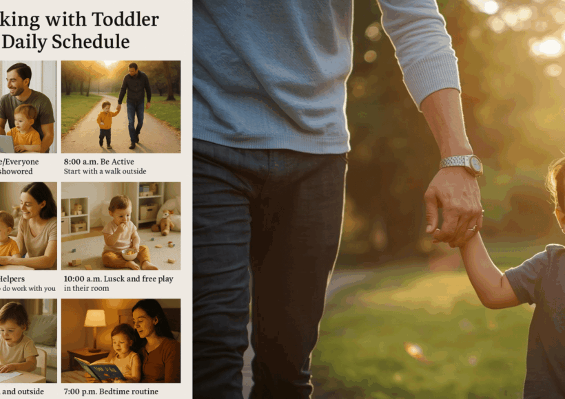 Working From Home With Kids Ages 10-13 6 A Cheerful Parent Working From Home With A Toddler Nearby, Showing Daily Activities Like Morning Prep, Outdoor Walk, Snack Time, Creative Play, And Bedtime Reading — A Warm, Family-Oriented Daily Schedule For Parents Balancing Work And Childcare.