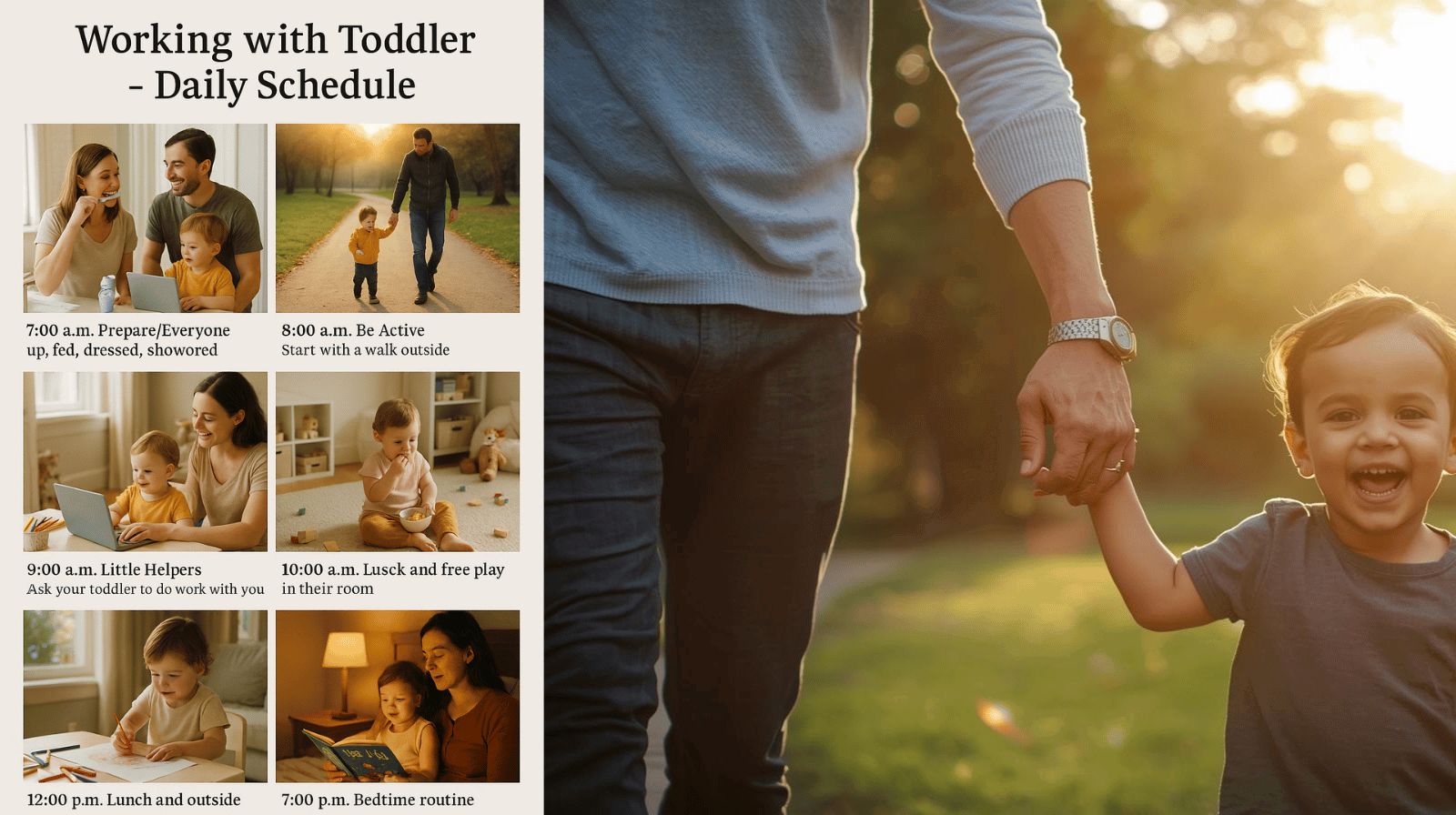 Working From Home With Kids Ages 10-13 1 A Cheerful Parent Working From Home With A Toddler Nearby, Showing Daily Activities Like Morning Prep, Outdoor Walk, Snack Time, Creative Play, And Bedtime Reading — A Warm, Family-Oriented Daily Schedule For Parents Balancing Work And Childcare.