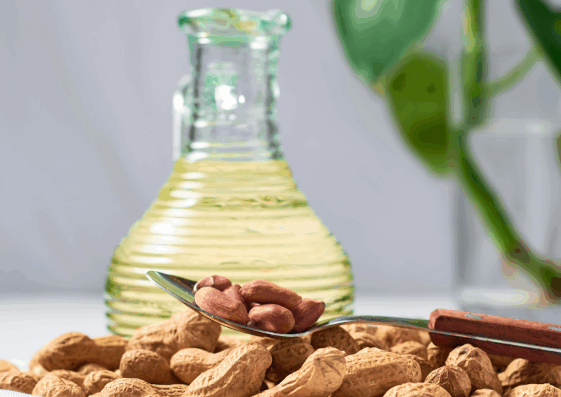 Bottle Of Peanut Oil With Peanuts, Highlighting Health Benefits Like Heart And Skin Care