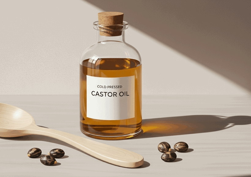 &Quot;Cold Pressed Castor Oil With Seeds, Spoon, And Herbal Tea For Safe Internal Use And Holistic Wellness.&Quot;