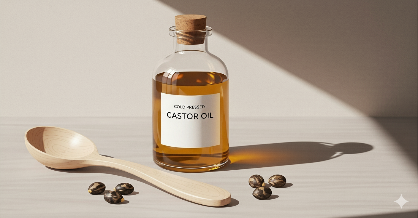 &Quot;Cold Pressed Castor Oil With Seeds, Spoon, And Herbal Tea For Safe Internal Use And Holistic Wellness.&Quot;