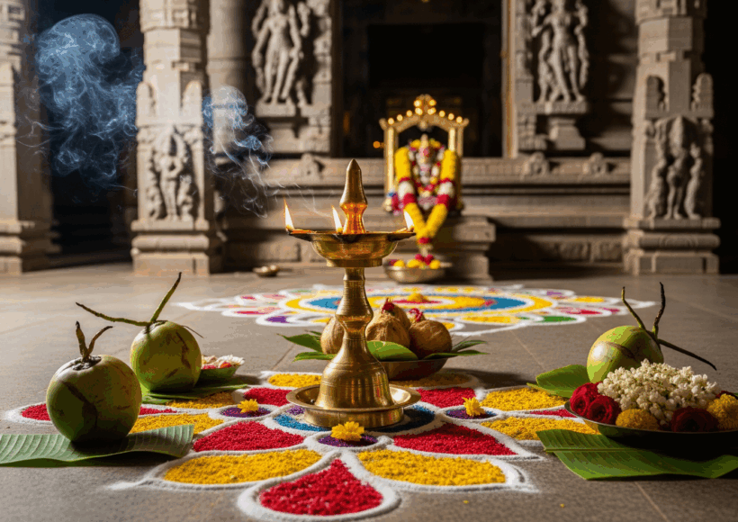 Coconut Oil Lamp Glowing In A Temple For Spiritual Benefits